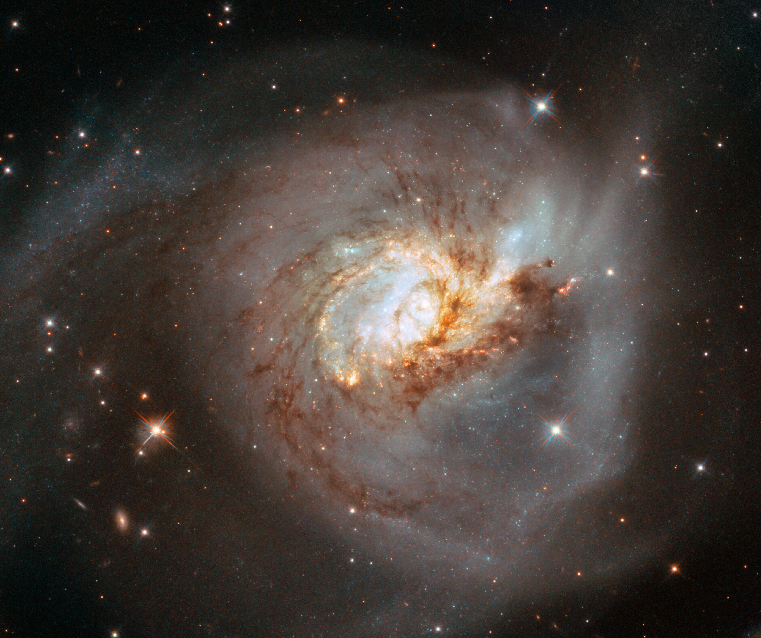 A large, face-on spiral galaxy. The core is radiating very brightly in white and bluish colours. Thin webs of dark gas cross the centre and most of the galaxy, following the twist of the galaxy. This gas continues out into a tidal tail at the upper-left, and another at the bottom. Small stars can be seen around the spiral galaxy, on a black background